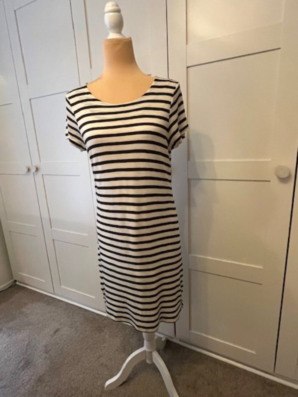 Dalia short sleeve, lined, olive green striped dress